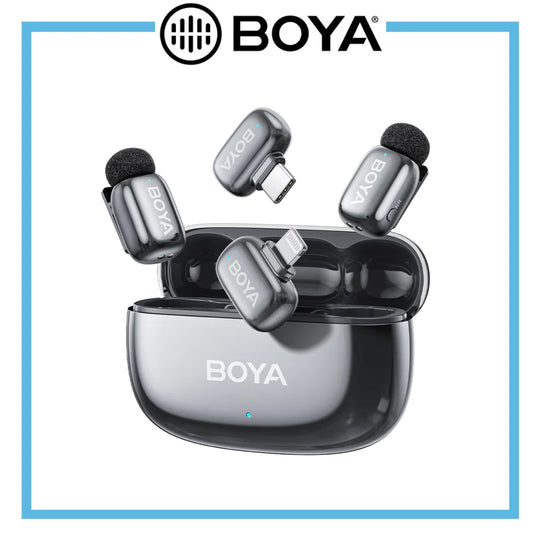 BOYA wireless earbuds with charging case on a white background