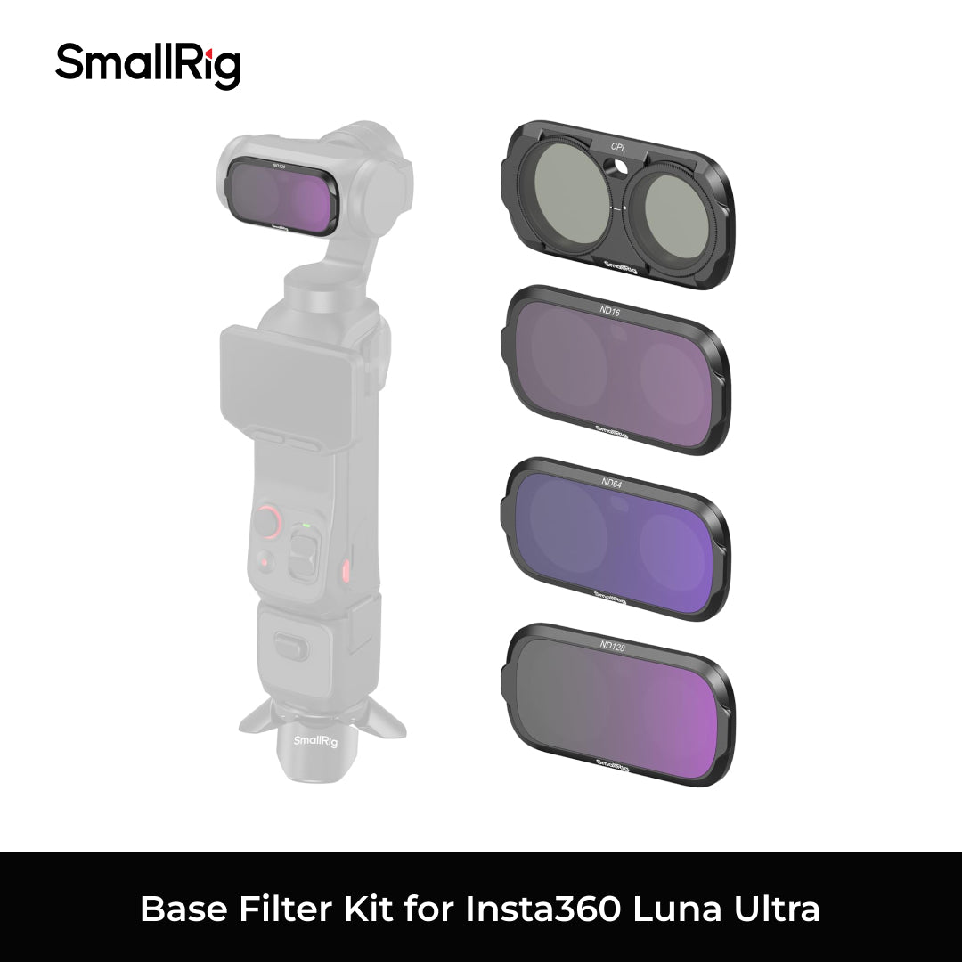 SmallRig base filter kit for Insta360 Luna Ultra, featuring four filter lenses in purple and gray gradient tones shown next to a semi-transparent ghosted-out camera gimbal to demonstrate fit.