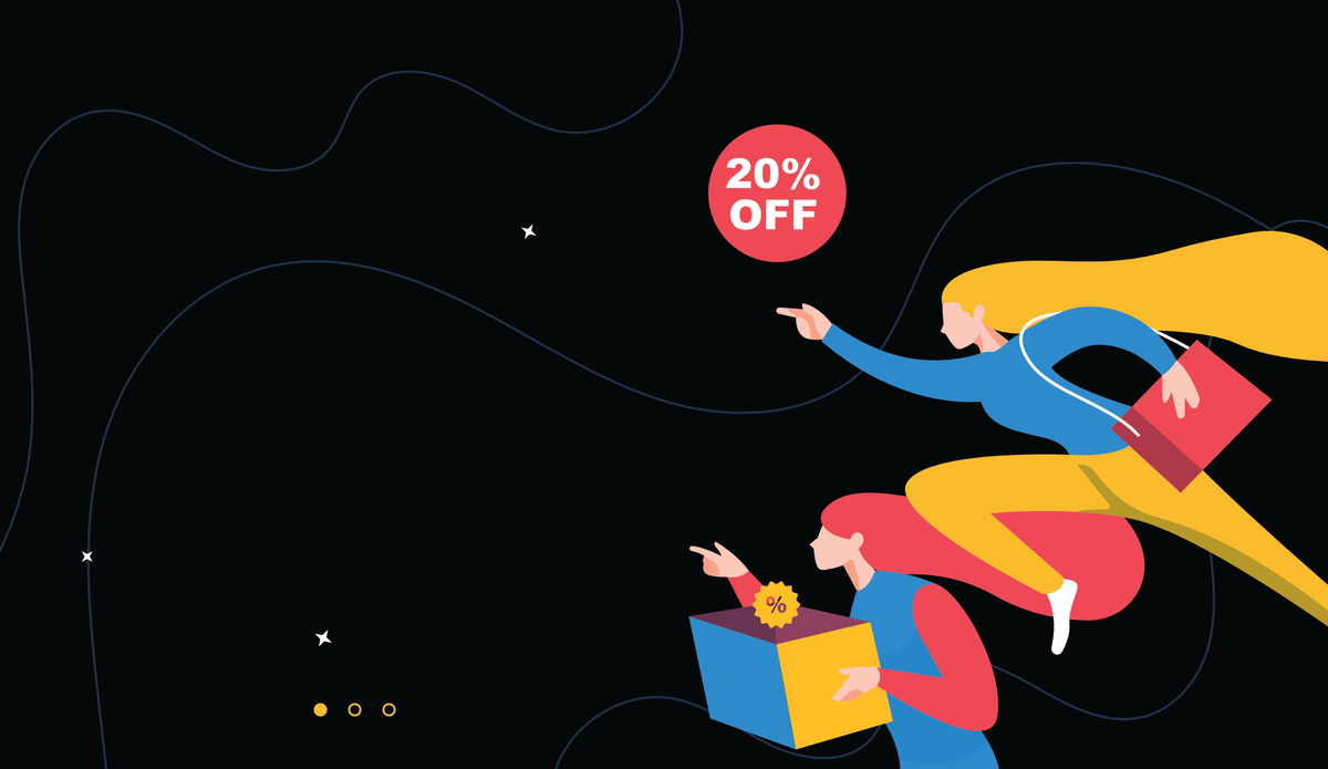 Flat vector illustration of two stylized shoppers flying through a black starry background, one holding a red shopping bag and the other reaching into a gift box, with a red circular badge reading '20% OFF'.