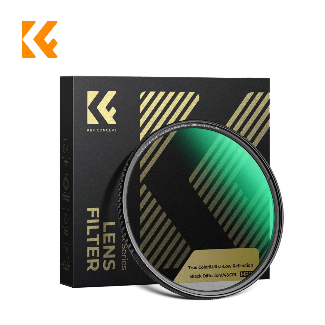 A K&F Concept lens filter with its black and gold retail packaging box. The filter itself features a green-tinted center surrounded by a black metal rim, and a gold label at the bottom reads 'True Color&Ultra-Low Reflection Black Diffuser'.