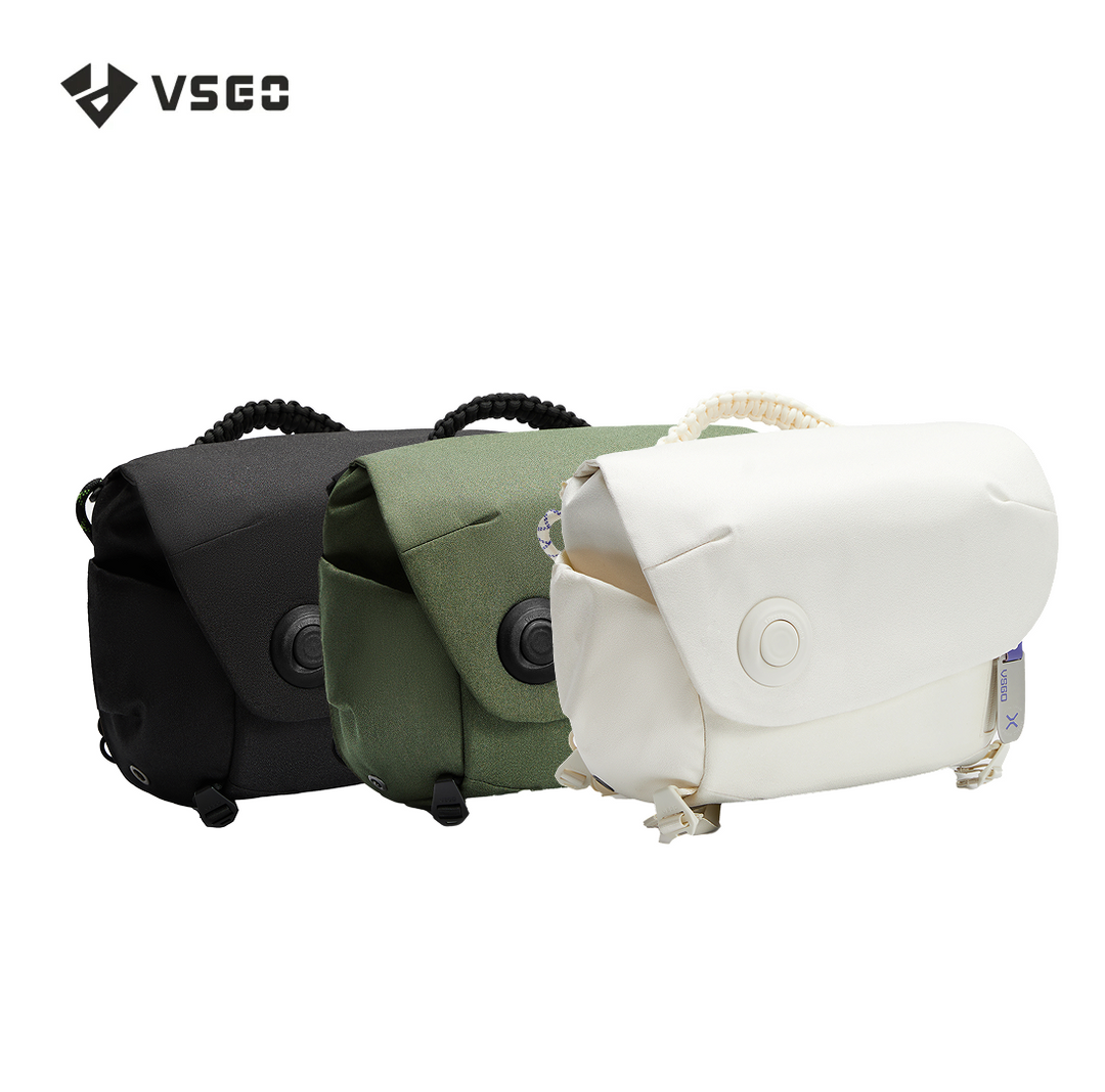 Three camera bags in black, green, and white with VSGO logo on a white background
