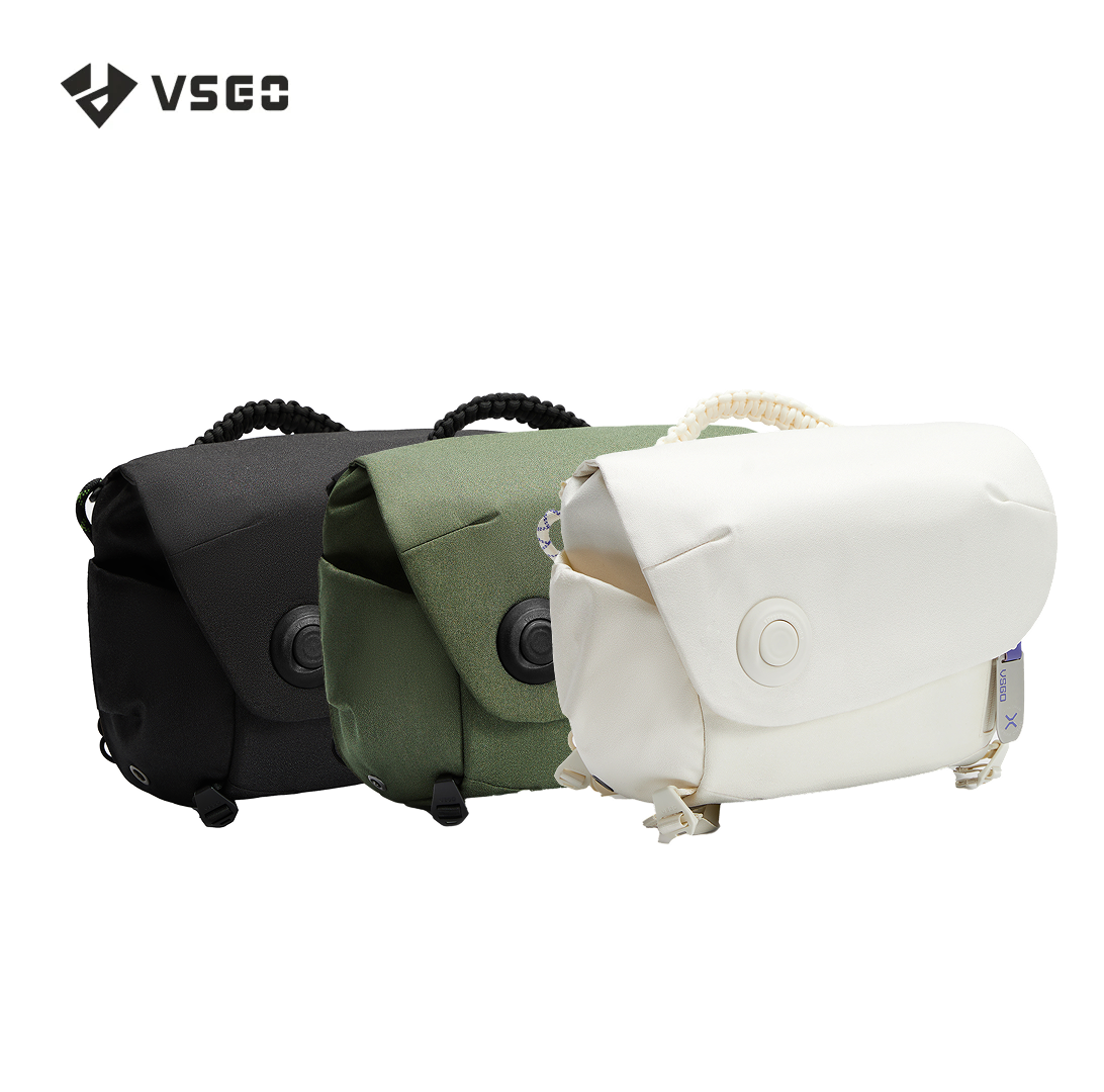 Three camera bags in black, green, and white with VSGO logo on a white background