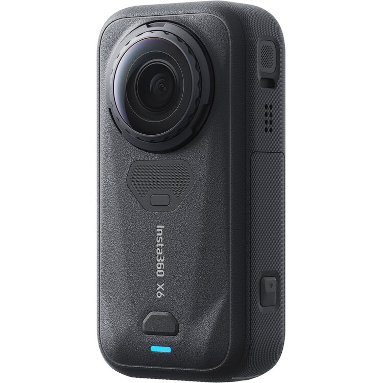 Black Insta360 X6 action camera shown from the rear, featuring a textured black finish, a large circular lens, and a small blue indicator light at the bottom, set against a plain white background.