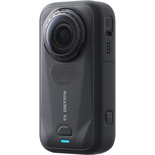 Black Insta360 X6 action camera shown from the rear, featuring a textured black finish, a large circular lens, and a small blue indicator light at the bottom, set against a plain white background.