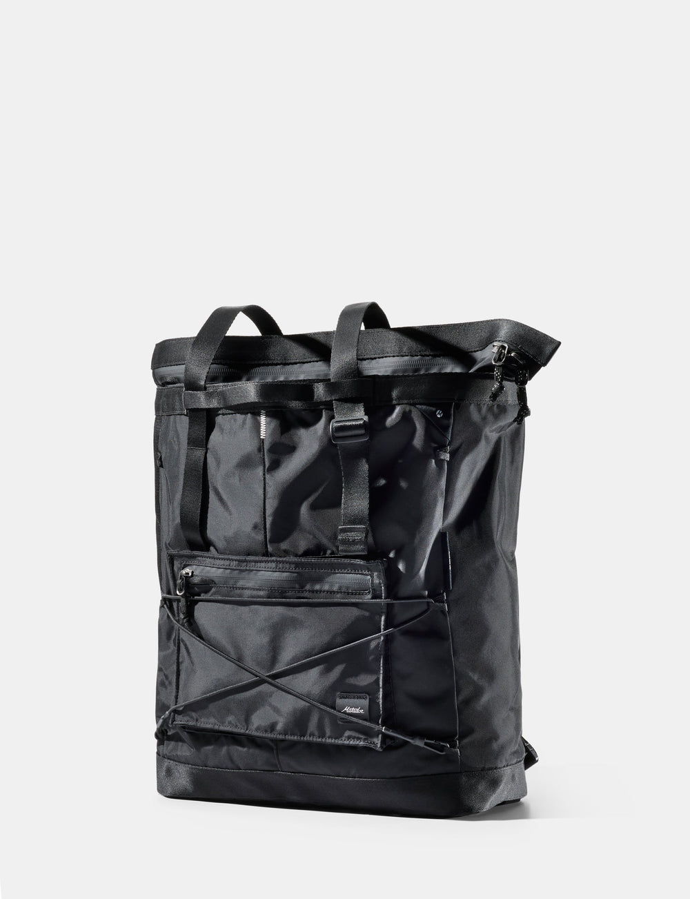 A black waterproof roll-top backpack with multiple front utility pockets, shown on a light gray background.