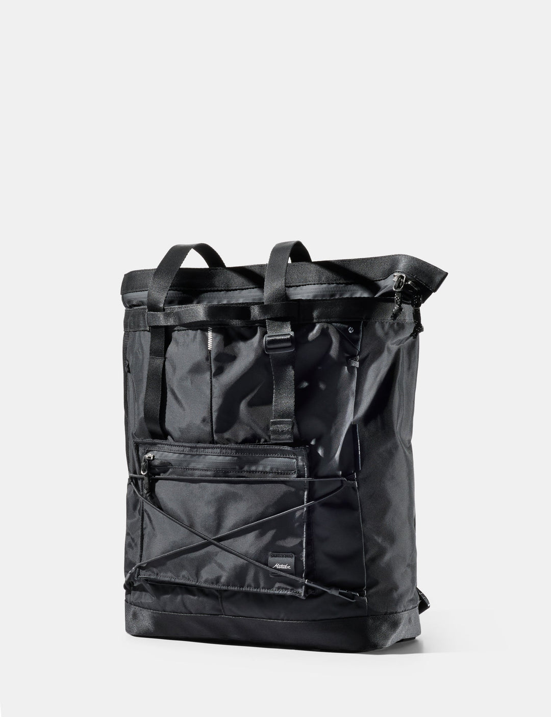 A black waterproof roll-top backpack with multiple front utility pockets, shown on a light gray background.