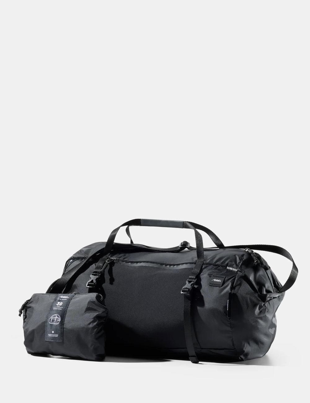 Black duffel bag on a white background