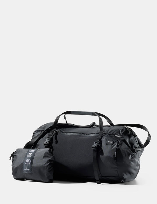 Black duffel bag on a white background