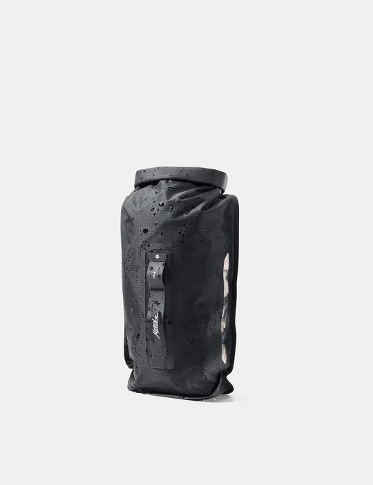 A black waterproof dry bag pouch with water droplets on its surface, featuring a front handle with the &