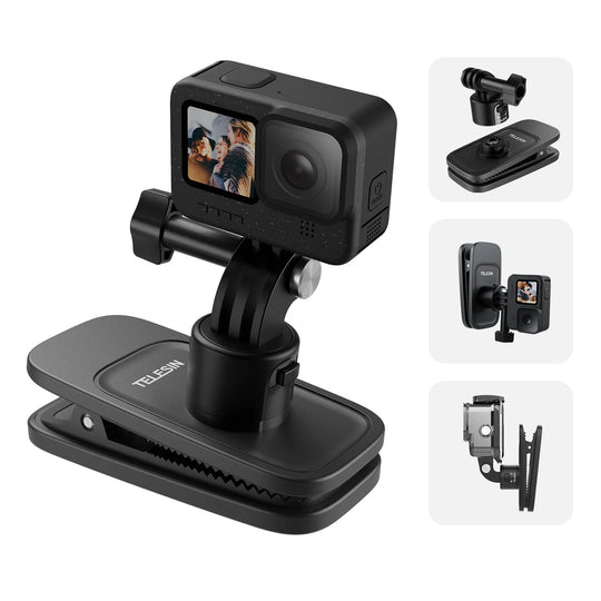 Black TeleSIN clip-on mount shown with a camera attached, plus three smaller inset views showing alternative angles and mounting options on a light gray background.