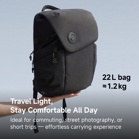 Black VSGO backpack held by a hand with text about its capacity and uses on a light blue background