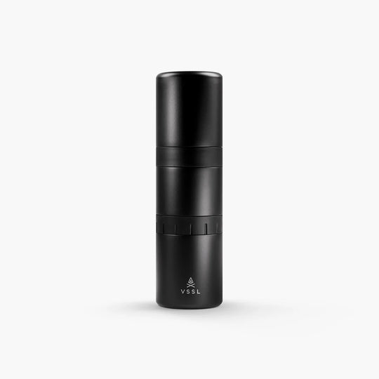 Black travel mug with VSSL logo on a white background