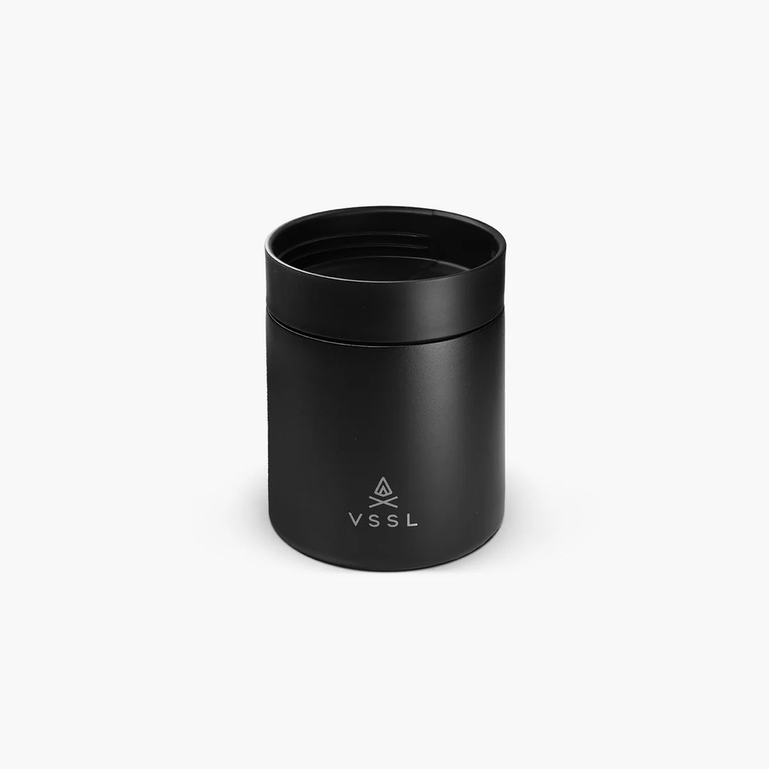 Black cylindrical container with VSSL logo on a white background