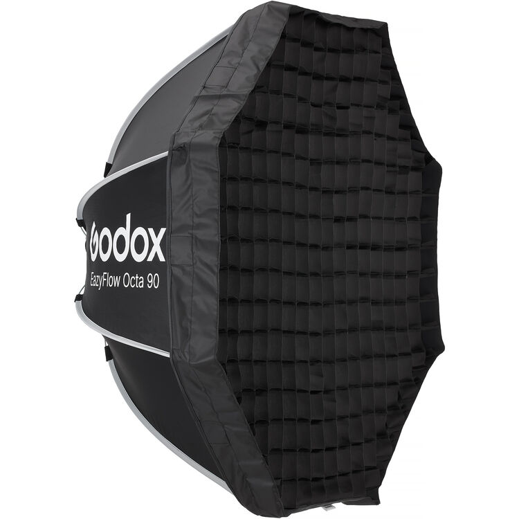 Black softbox with grid pattern and &