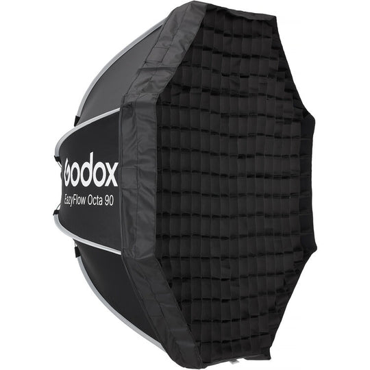 Black softbox with grid pattern and &