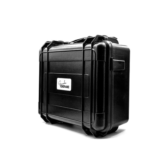 Black hard-shell case with a visible Smoke Genie brand logo on a white background