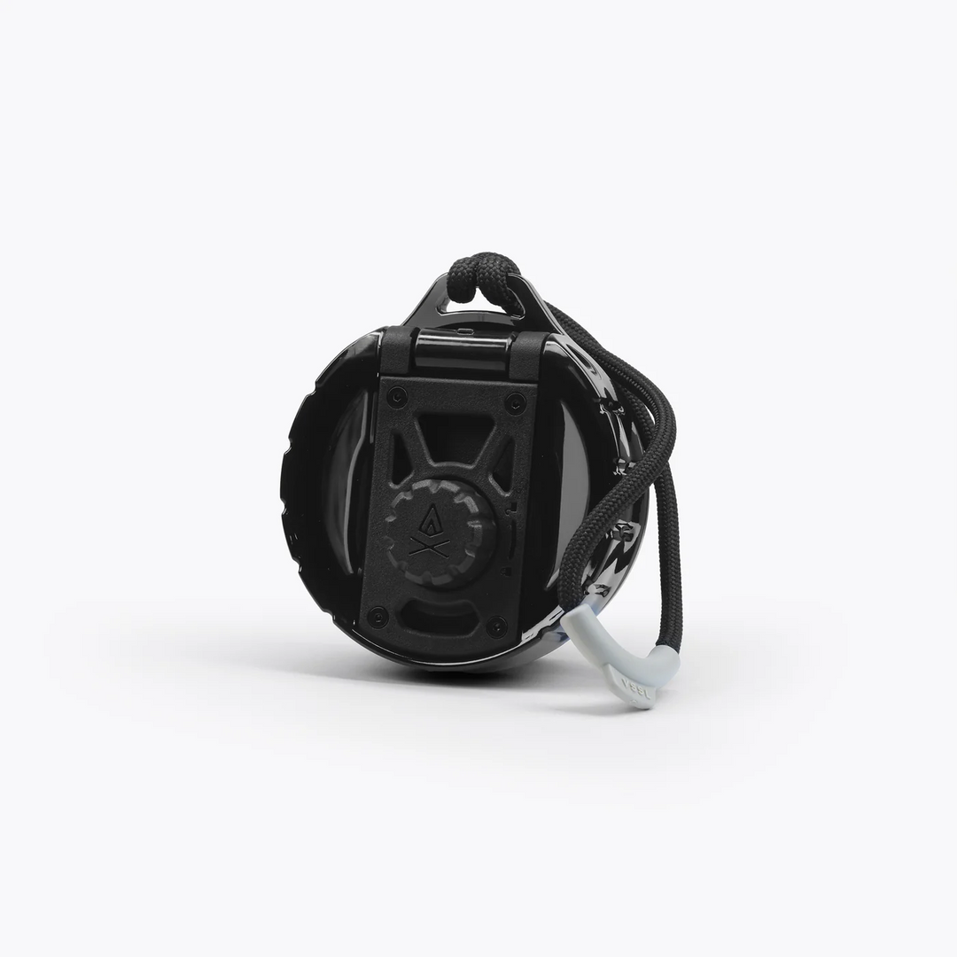 A black tactical water bottle with a matching black carrying strap and a light gray carabiner, shown from a side profile on a clean white background.