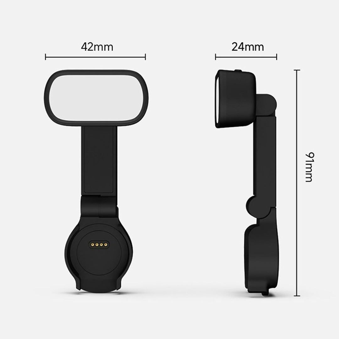 Black magnetic clip-on dji osmo pocket 4 fill light from front and side views with dimension labels: 42mm width, 24mm depth, and 91mm height on a light gray background.