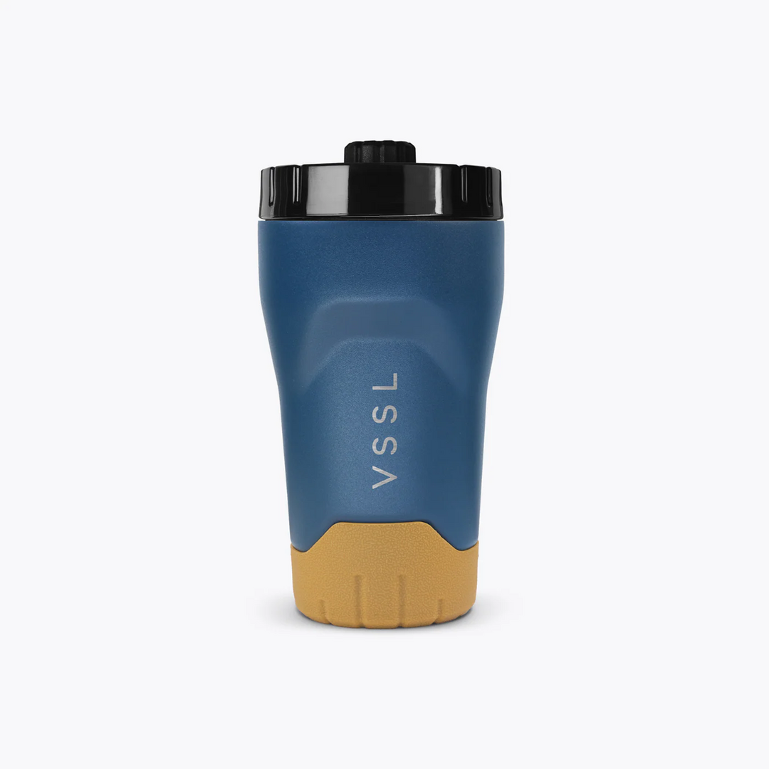 Blue and brown travel mug with &