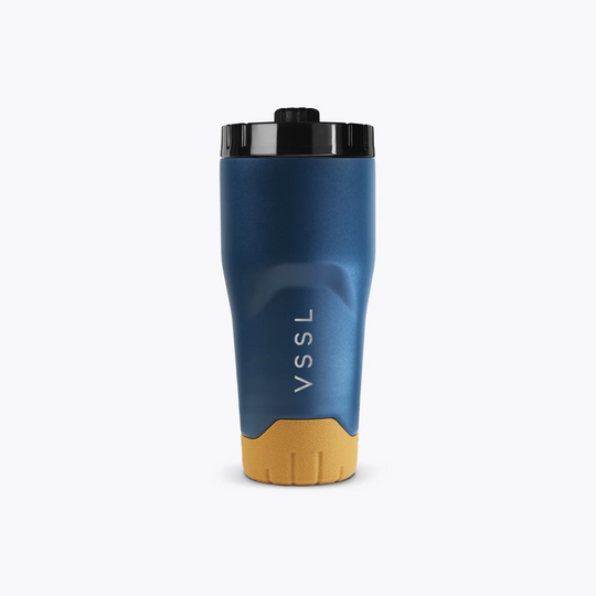 Blue and brown tumbler with &