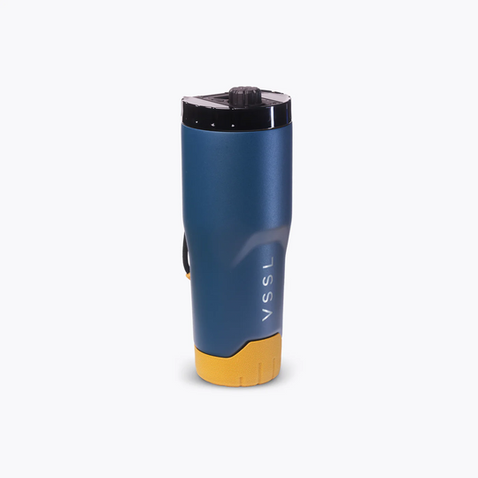 Blue and yellow travel mug with &