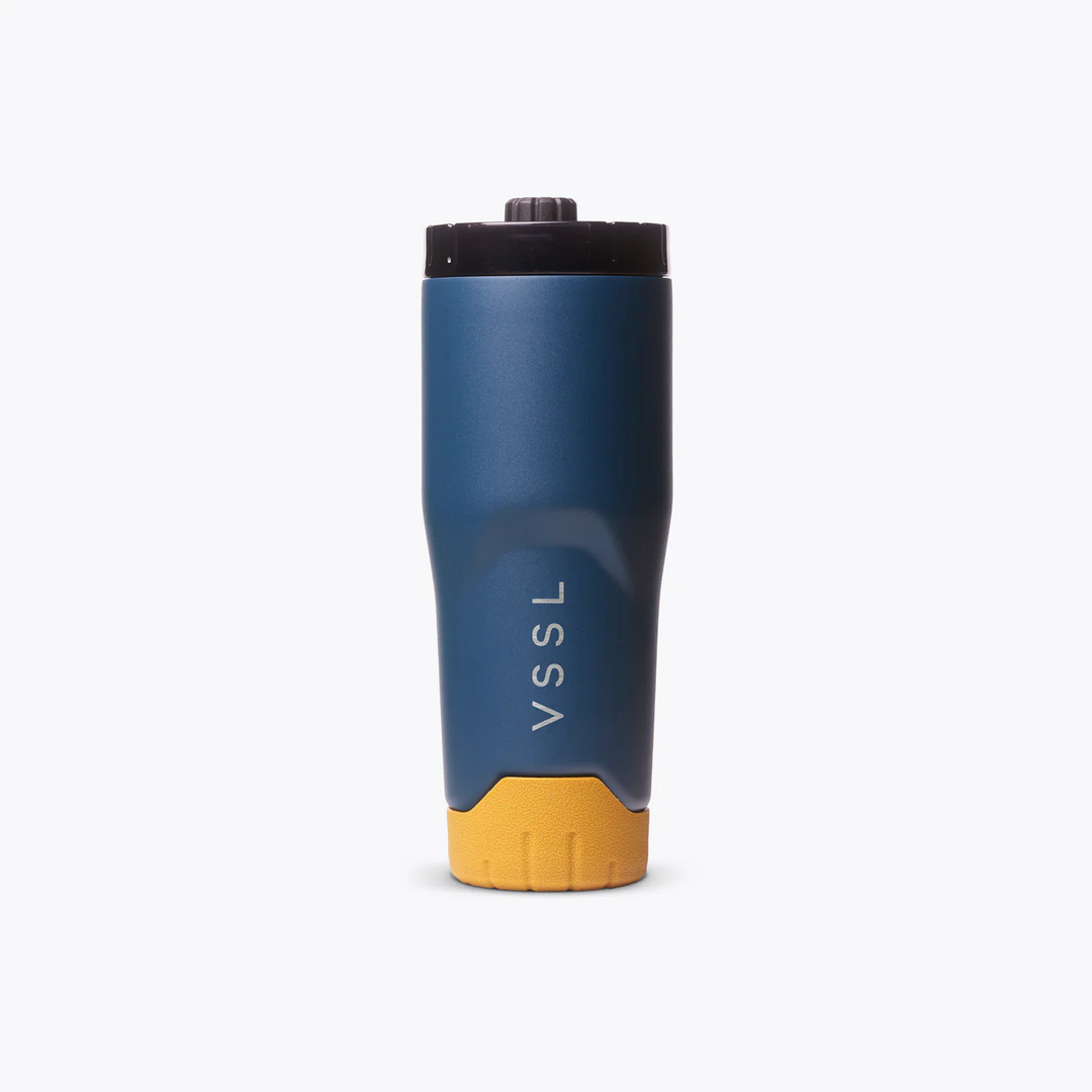 Blue and yellow tumbler with &