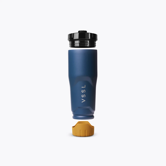Blue water bottle with black cap and yellow base on a white background