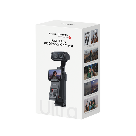 Box of Insta360 Luna Ultra Dual-Lens 8K Gimbal Camera on a white background