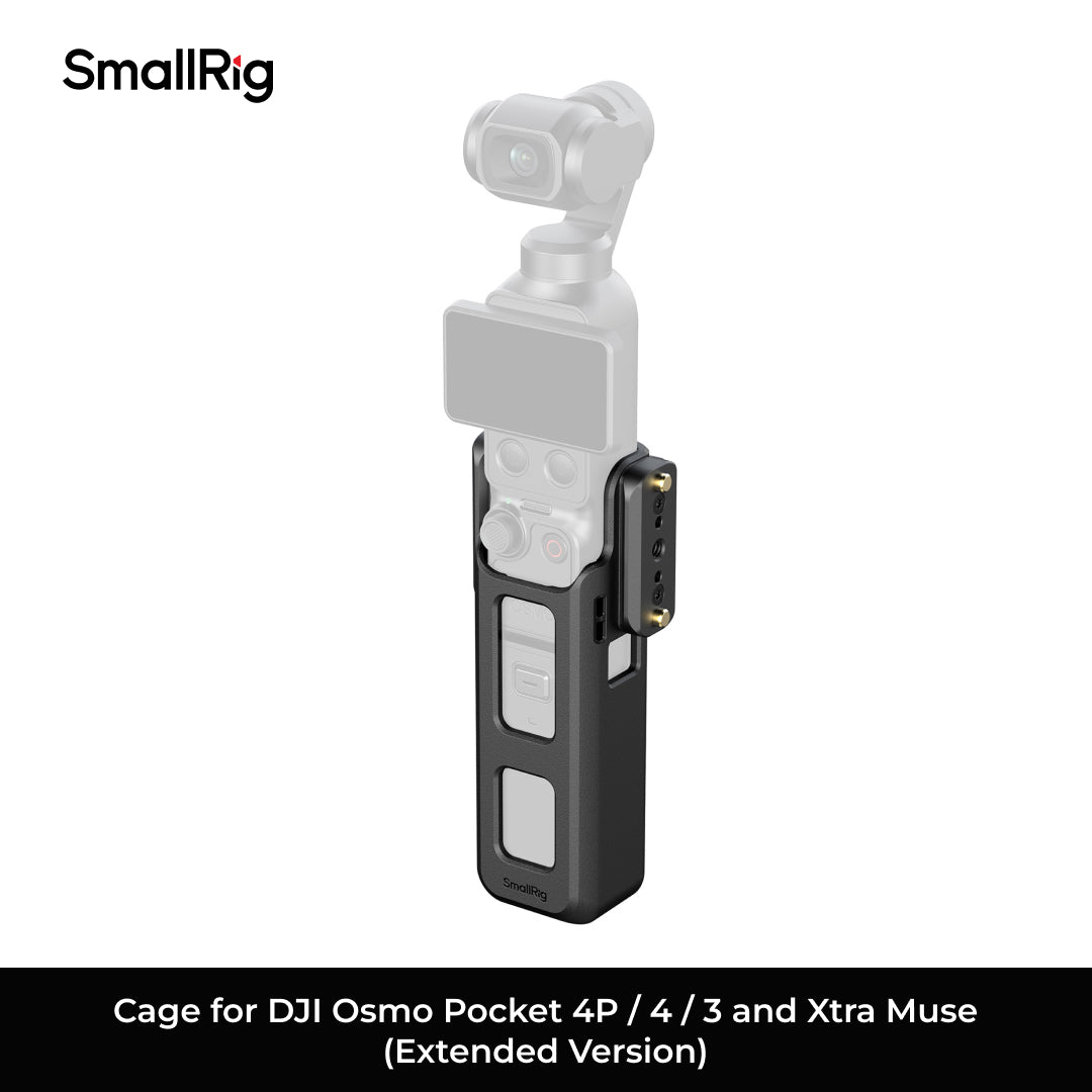 A SmallRig clamp-on extension cage shown on a white background, with a semi-transparent overlay of a DJI Osmo Pocket 4P/3 and Xtra Muse. Text at the bottom reads 'Cage for DJI Osmo Pocket 4P / 4 / 3 and Xtra Muse (Extended Version)'.