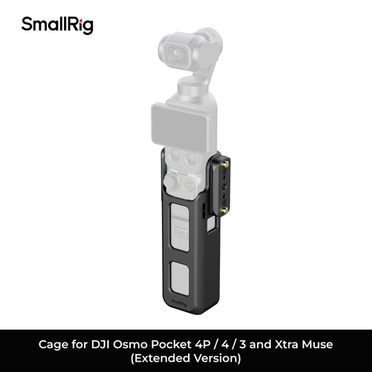 A SmallRig clamp-on extension cage shown on a white background, with a semi-transparent overlay of a DJI Osmo Pocket 4P/3 and Xtra Muse. Text at the bottom reads &