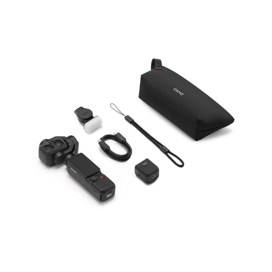 Camera accessories including a case, remote control, and other small components on a white background.
