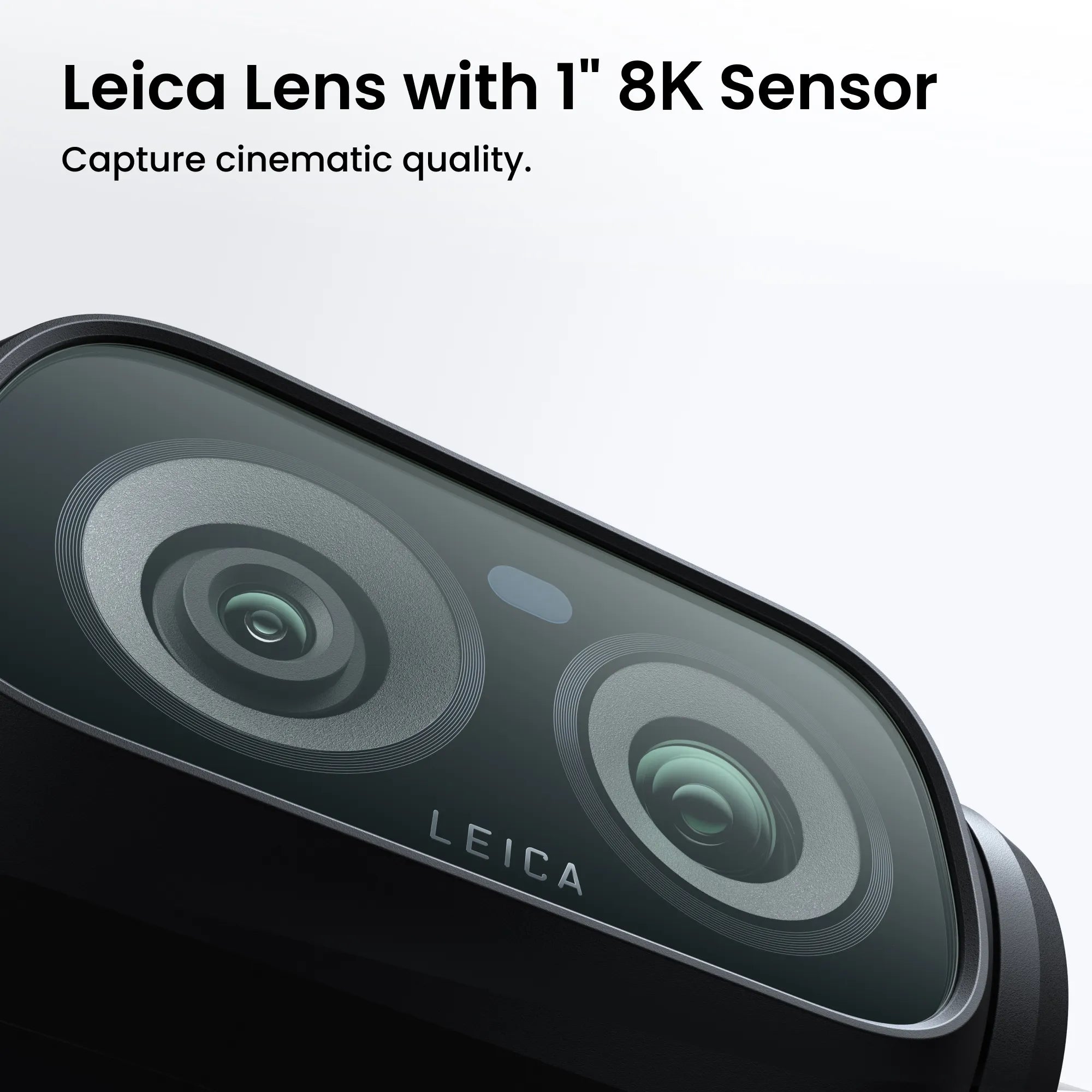 Camera lens with Leica branding and text about 1" 8K sensor on a white background