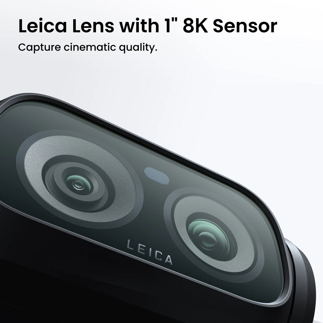 Camera lens with Leica branding and text about 1" 8K sensor on a white background