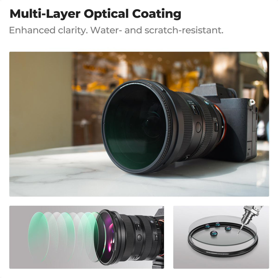 Camera lens with multi-layer optical coating, shown on a white surface with text reading &