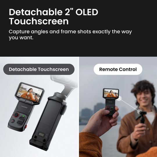 Camera stabilizer with detachable 2" OLED touchscreen and remote control features.