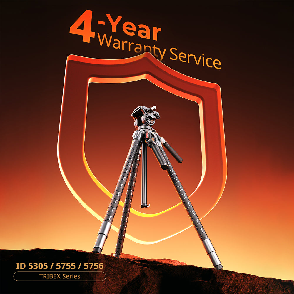 Camera tripod with a shield graphic and '4-Year Warranty Service' text on a dark background