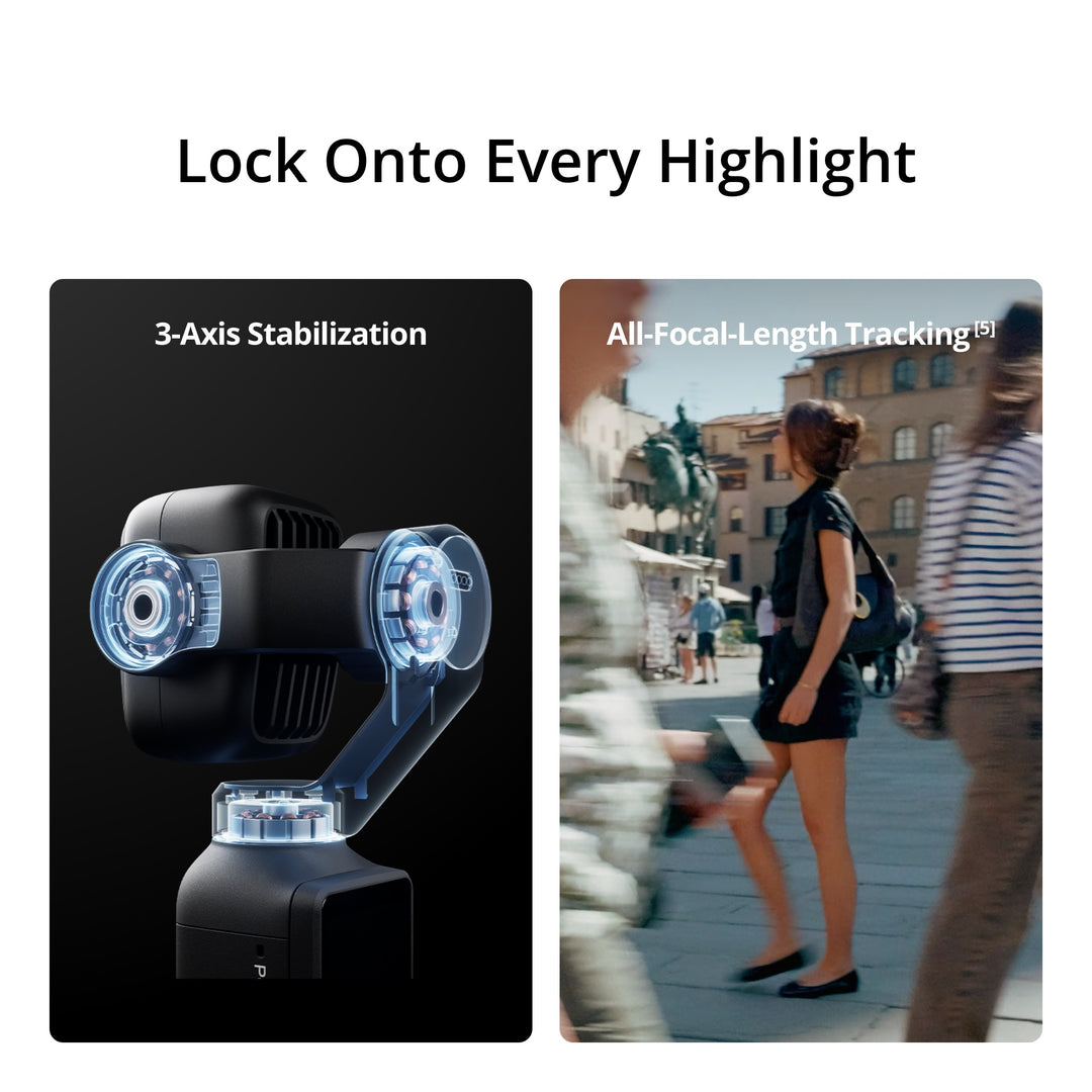 Camera with 3-axis stabilization on a black background, showing a person walking in an urban setting.