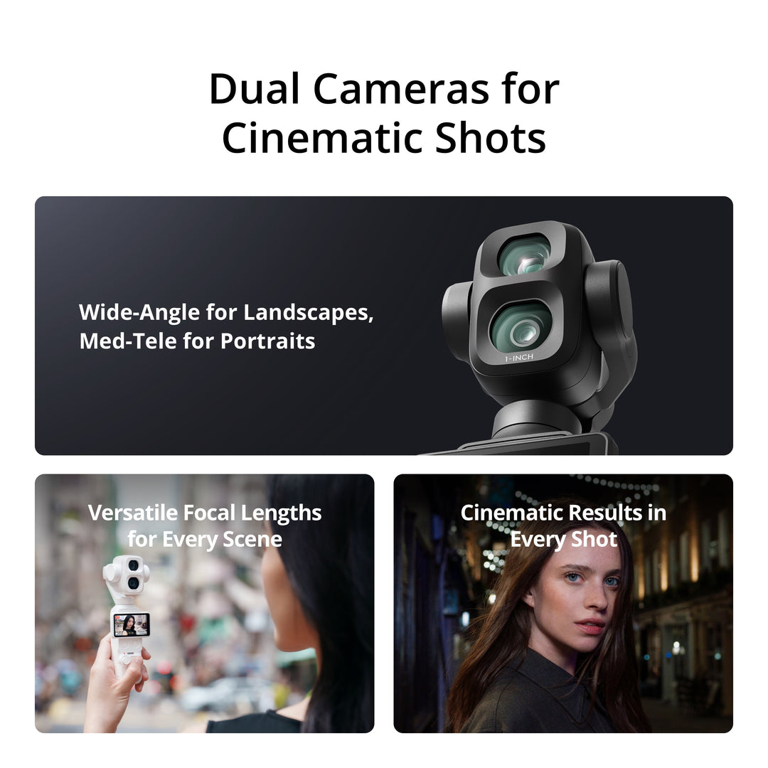 Camera with dual lenses and text highlighting features for cinematic shots.