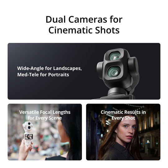 Camera with dual lenses and text highlighting features for cinematic shots.