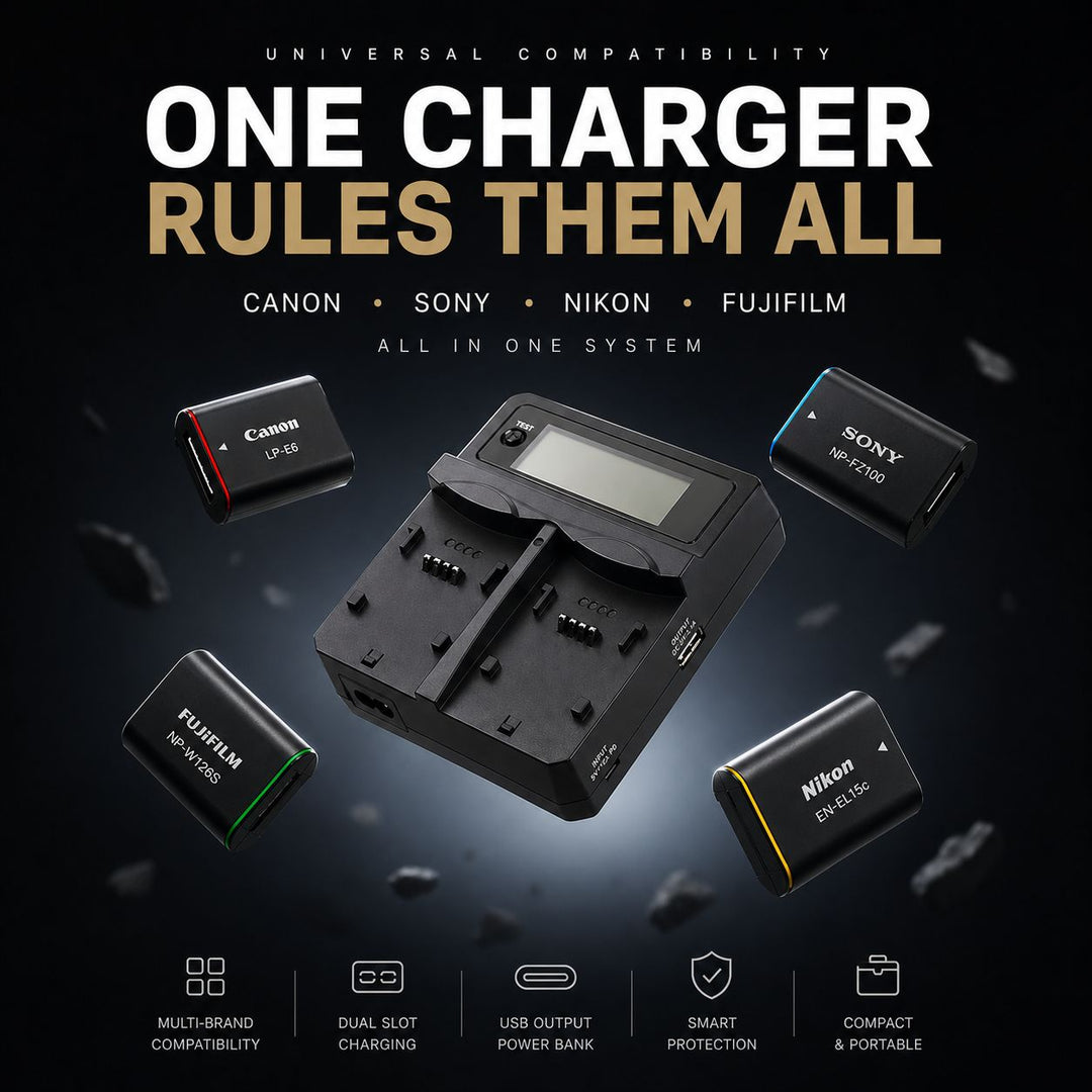 Chromage Dual Battery charger with batteries on a dark background, highlighting compatibility with Canon, Sony, Nikon, and Fujifilm.