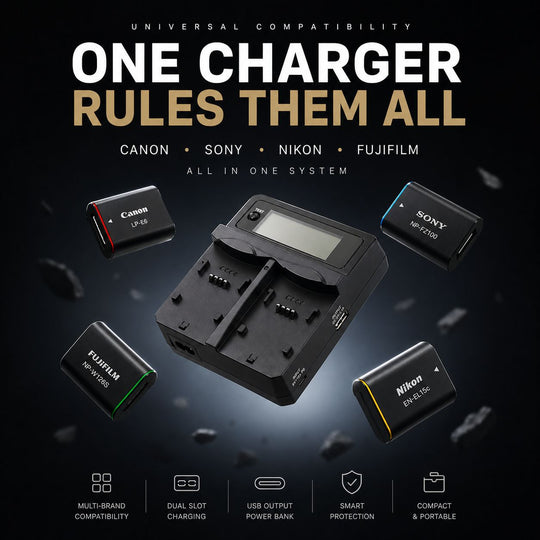 Chromage Dual Battery charger with batteries on a dark background, highlighting compatibility with Canon, Sony, Nikon, and Fujifilm.