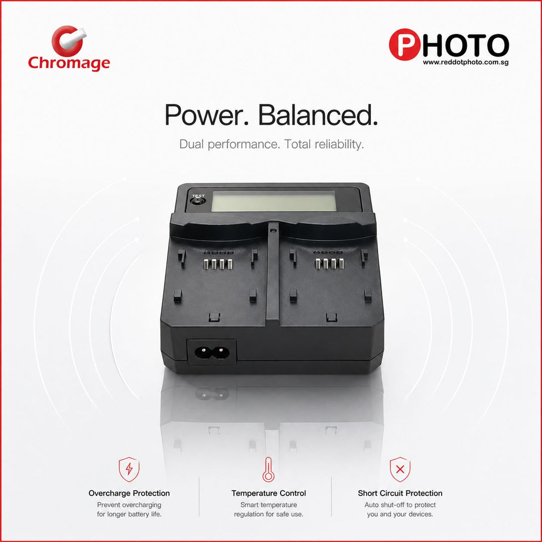 Chromage dual camera battery charger featuring an LCD display, overcharge protection, temperature control, and short circuit protection.