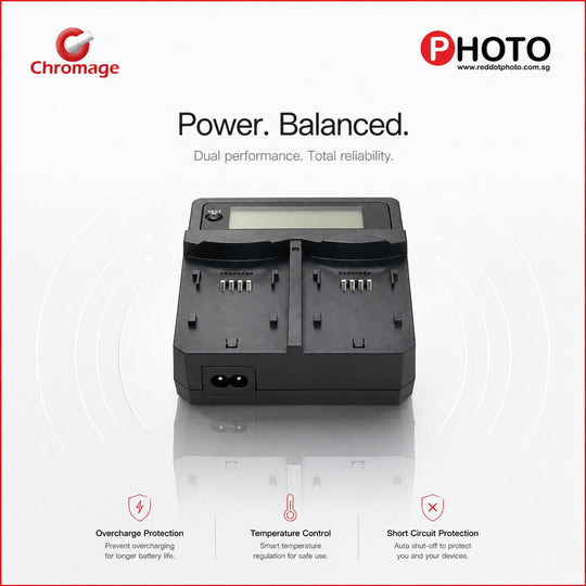Chromage dual camera battery charger featuring an LCD display, overcharge protection, temperature control, and short circuit protection.