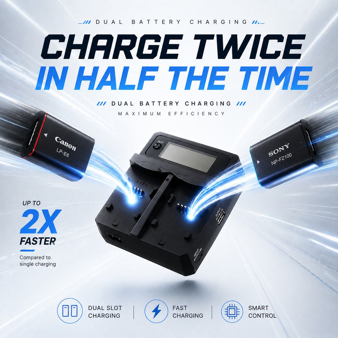 Chromage Dual battery charging station with Canon and Sony batteries on a white background