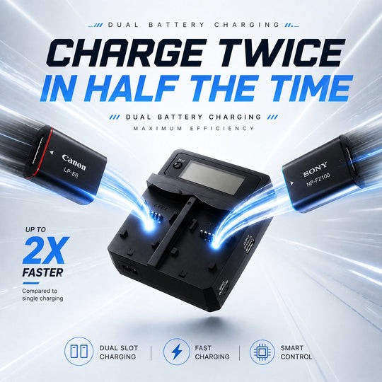 Chromage Dual battery charging station with Canon and Sony batteries on a white background