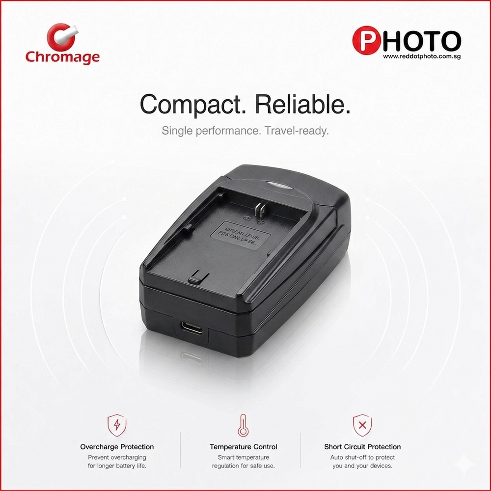 Chromage compact single camera battery charger with short circuit protection.