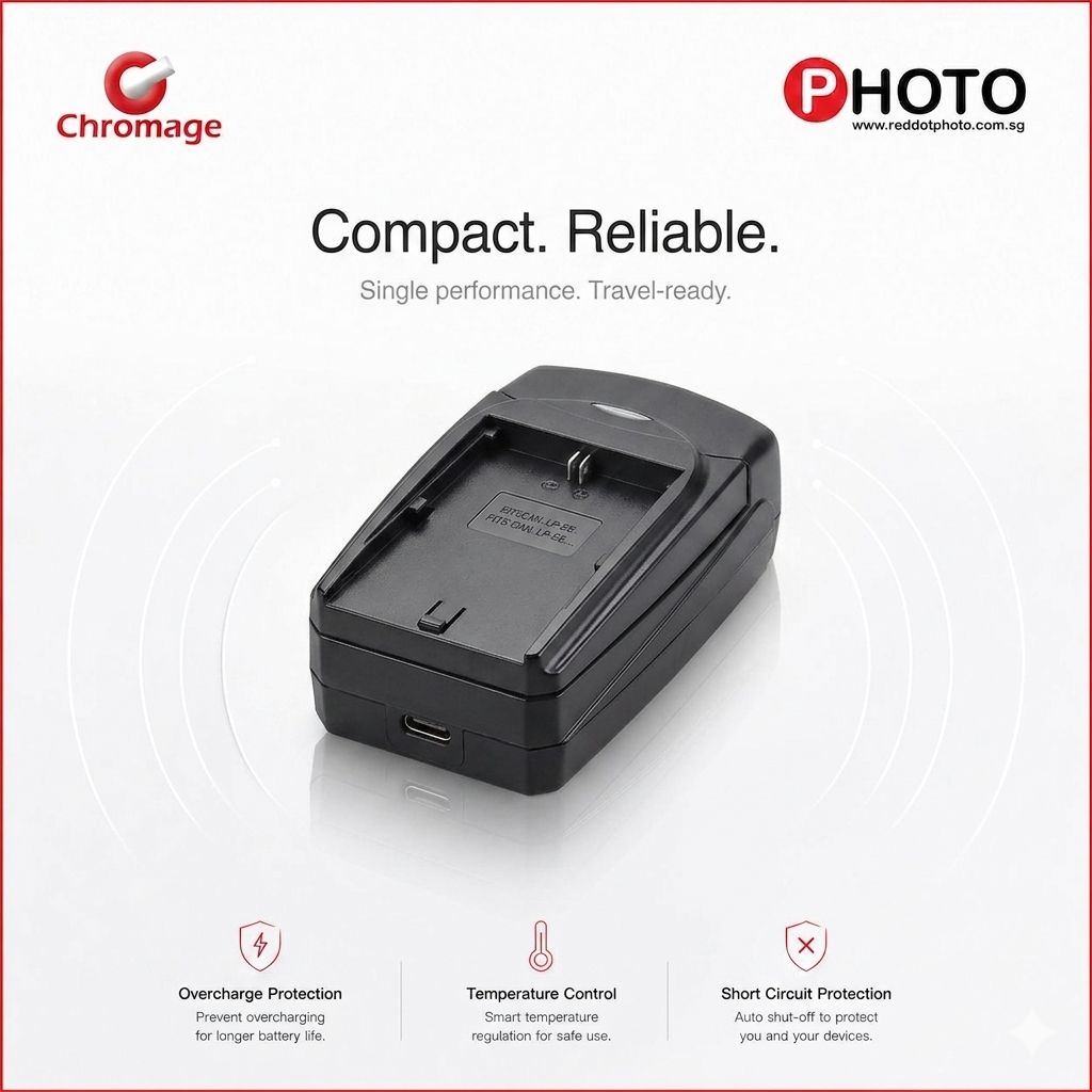 Chromage compact single camera battery charger with short circuit protection.
