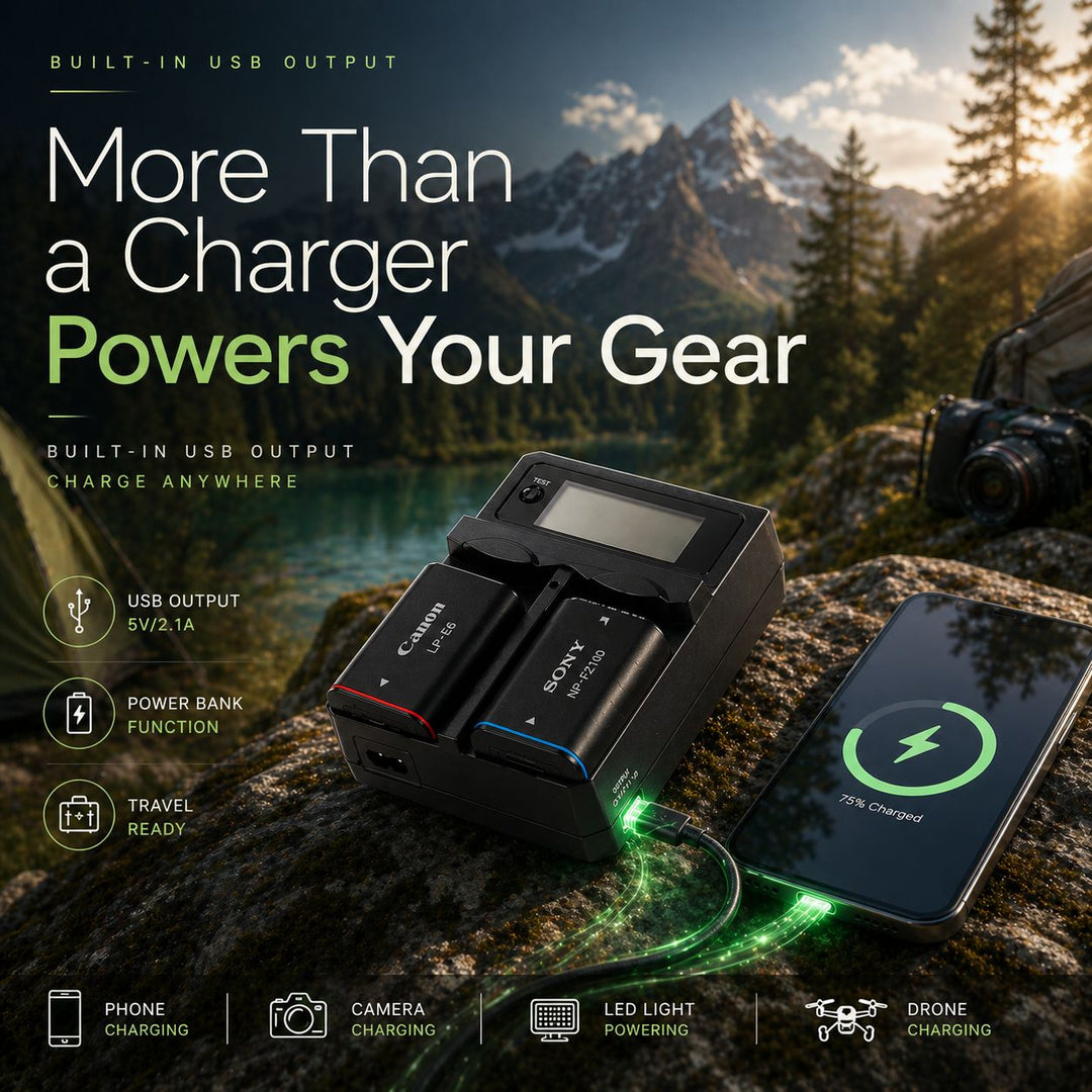 Chromage dual battery charger with phone on mountain background