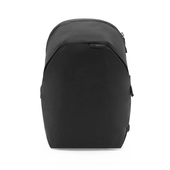 A black backpack shown from the front on a clean white background, featuring a subtle matte finish and a small black brand tag on the upper right side.