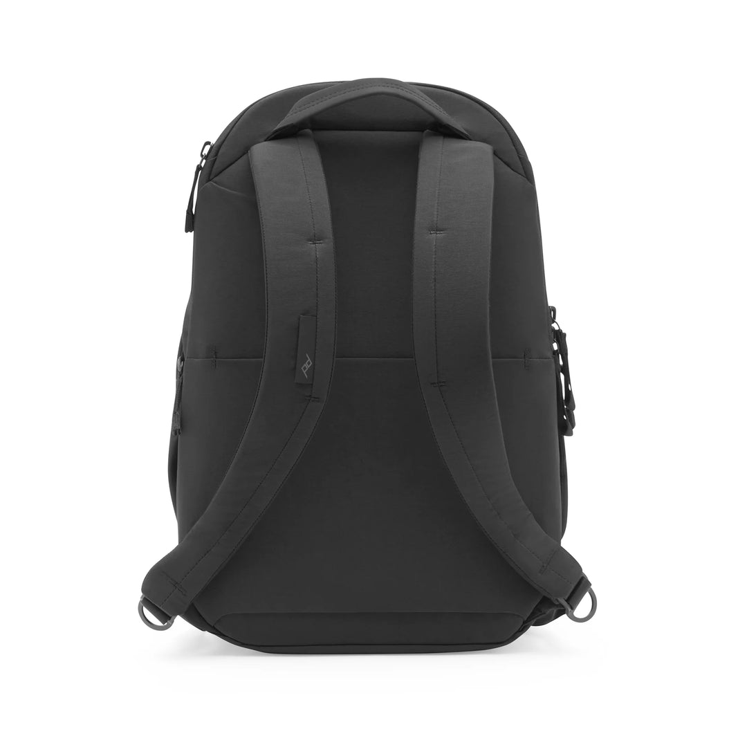 Black backpack shown from the back view on a solid white background.
